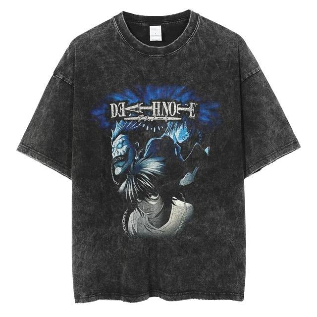 Mighty Lifestyle Washed Anime Death Note retro men's short-sleeved t-shirt summer anime peripheral printed loose t-shirt for men - Blerd Shirt Nerd Shirt