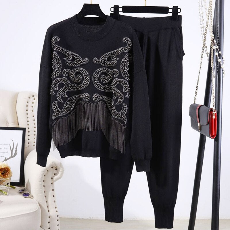 ML Knitting Outfits Women Handwork Beading Chain Tassel Sweater Long Pants Two Piece Set Female Loose Casual Black Knitted Suit 2pc