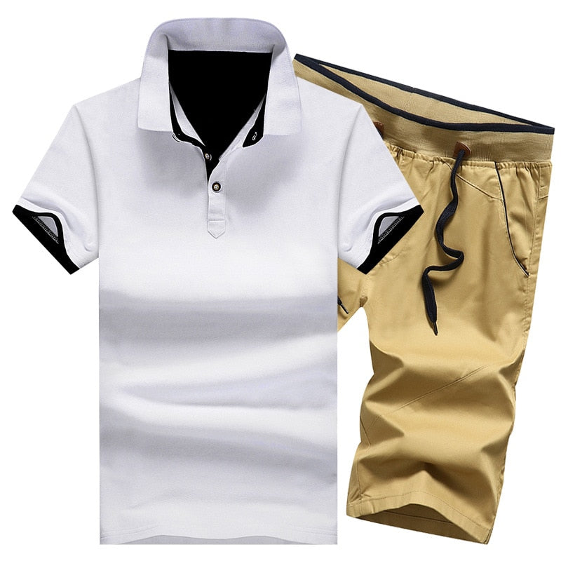 Mikael Men’s 2-Piece Cotton Polo Short Set – Casual Summer Outfit, Button-Up Shirt & Elastic Waist Shorts, Breathable Fashion Set for MenCotton Mens Sets Summer Button Polo Shirts Sets Turn Down Mens Shorts 4XL Men Clothes 2 Piece Set Elastic Waist Shorts