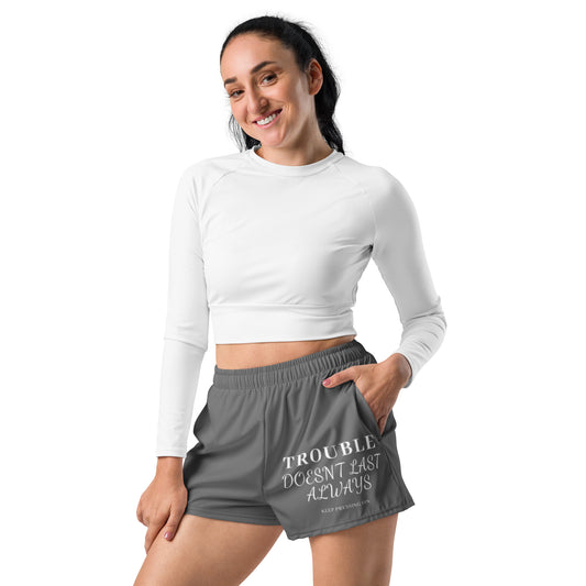 Mighty Lifestyle Trouble Women’s Recycled Athletic Shorts | Christian shorts, Christian basketball shorts, Christian gym shorts, scripture printed shorts, casual Christian shorts, Christian athletic shorts, workout shorts with Christian messages