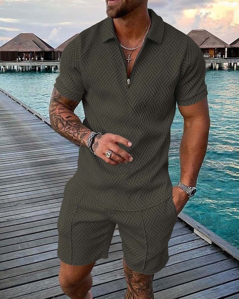 Alpha and Omega Man | Men's Fashion Casual Suit 3D Print Zip Short Sleeve Polo Shirt Shorts 2 Piece Set - Mighty Lifestyle