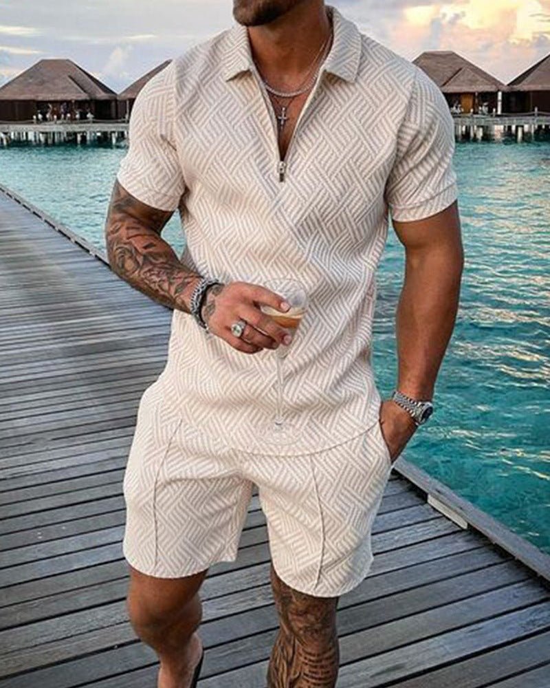 Alpha and Omega Man | Men's Fashion Casual Suit 3D Print Zip Short Sleeve Polo Shirt Shorts 2 Piece Set - Mighty Lifestyle