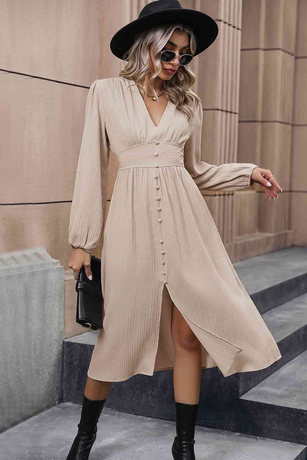Anna Bella Dress | V - Neck Buttoned Slit Dress - Mighty Lifestyle