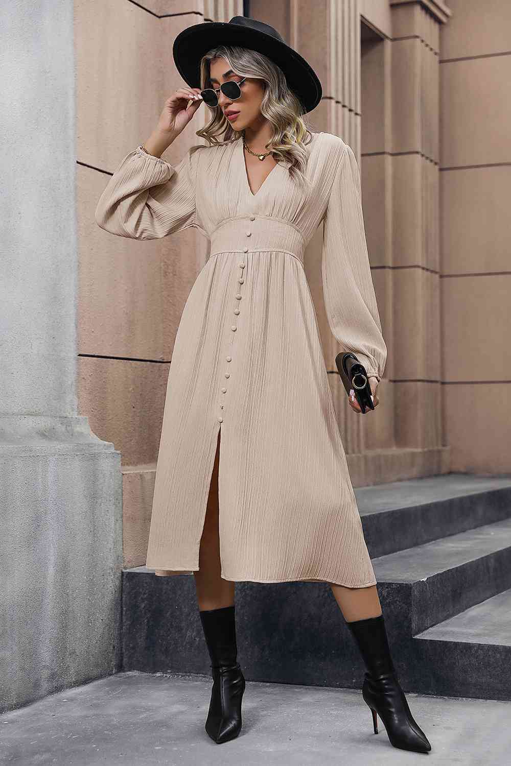 Anna Bella Dress | V - Neck Buttoned Slit Dress - Mighty Lifestyle
