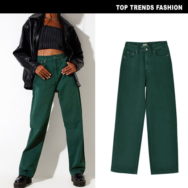 Anna Mae Pants | Women's High Waist Loose Straight Tube Play Cool Emerald Denim Trousers Drape Hot Girl Sneakers Dark Green - Mighty Lifestyle