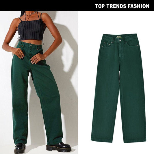 Anna Mae Pants | Women's High Waist Loose Straight Tube Play Cool Emerald Denim Trousers Drape Hot Girl Sneakers Dark Green - Mighty Lifestyle