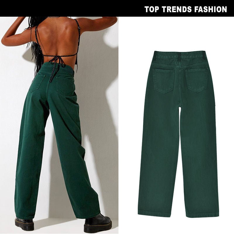 Anna Mae Pants | Women's High Waist Loose Straight Tube Play Cool Emerald Denim Trousers Drape Hot Girl Sneakers Dark Green - Mighty Lifestyle