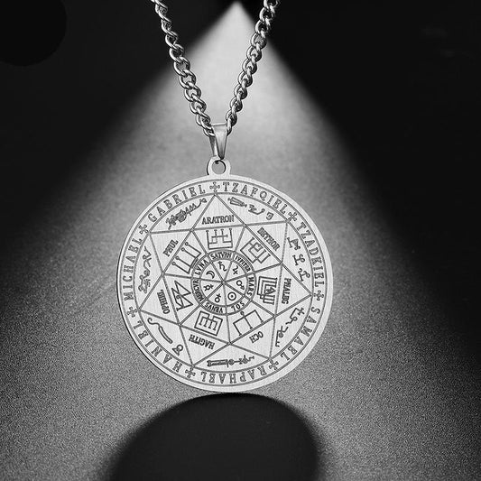 Authentic Hebrew Totem | Religious Totem Scripture Angel Seal Tag Rune Hexagram Pendant Stainless Steel Round Necklace - Mighty Lifestyle