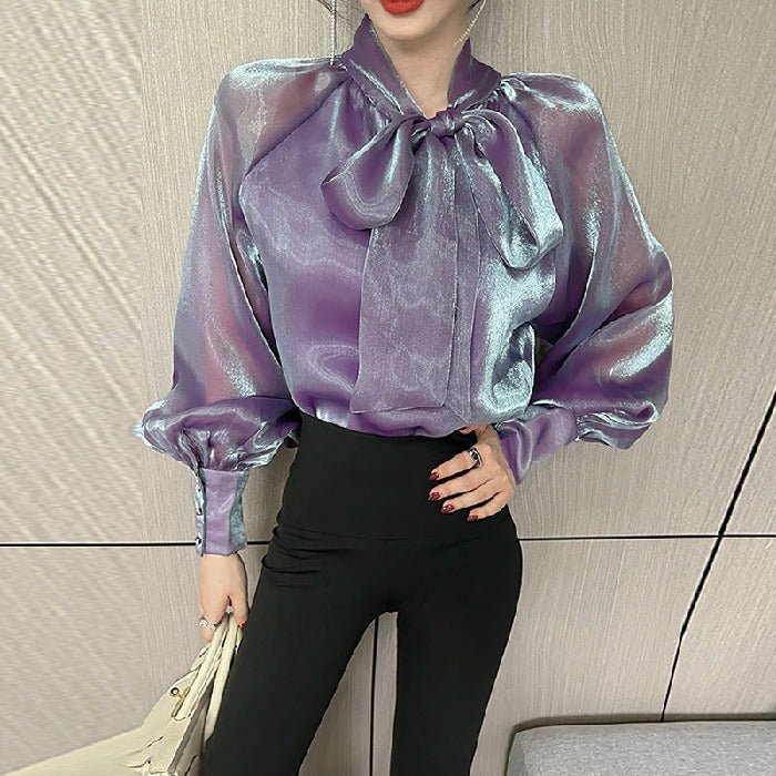 Baddie Blouse | Pearlescent Chiffon Shirt Design Sense Mesh Ribbon Shirt - Mighty Lifestyle