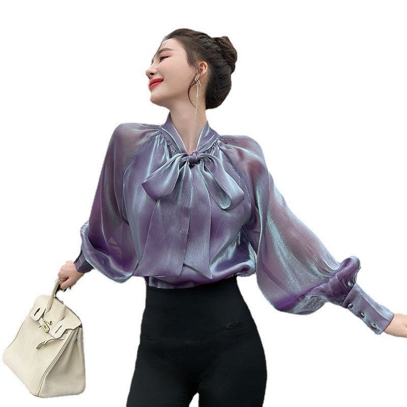 Baddie Blouse | Pearlescent Chiffon Shirt Design Sense Mesh Ribbon Shirt - Mighty Lifestyle