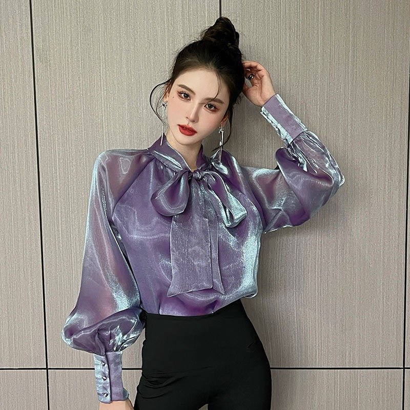Baddie Blouse | Pearlescent Chiffon Shirt Design Sense Mesh Ribbon Shirt - Mighty Lifestyle