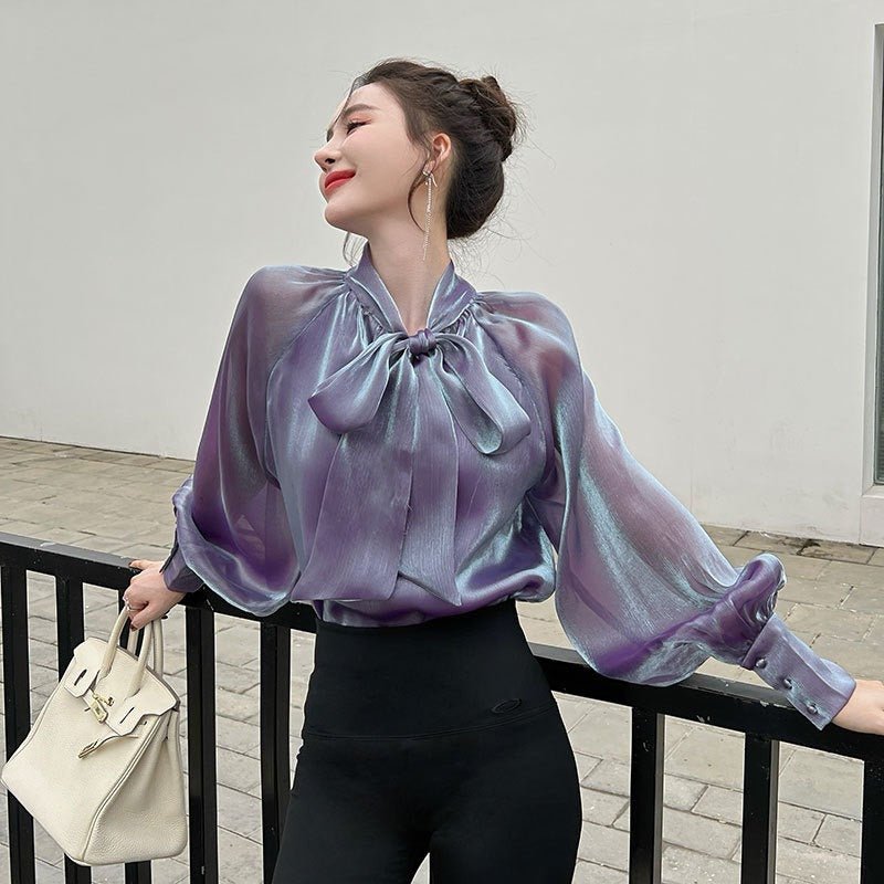 Baddie Blouse | Pearlescent Chiffon Shirt Design Sense Mesh Ribbon Shirt - Mighty Lifestyle