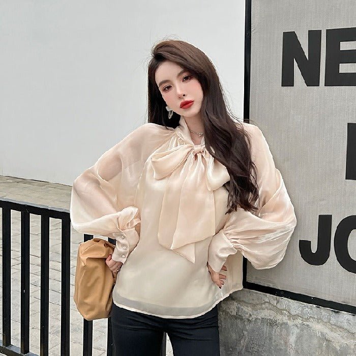 Baddie Blouse | Pearlescent Chiffon Shirt Design Sense Mesh Ribbon Shirt - Mighty Lifestyle