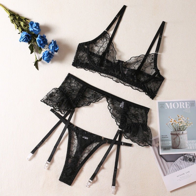 Baddie Lingerie Embroidery | Perspective Ruffles with Steel Rims Sexy Lingerie 3 - piece Set - Mighty Lifestyle