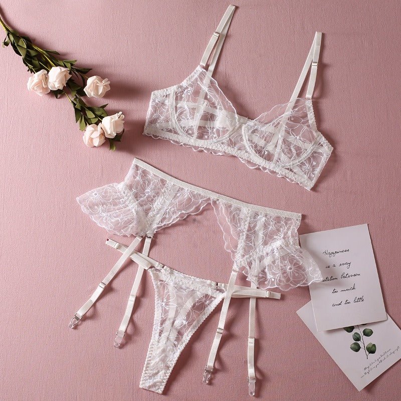 Baddie Lingerie Embroidery | Perspective Ruffles with Steel Rims Sexy Lingerie 3 - piece Set - Mighty Lifestyle