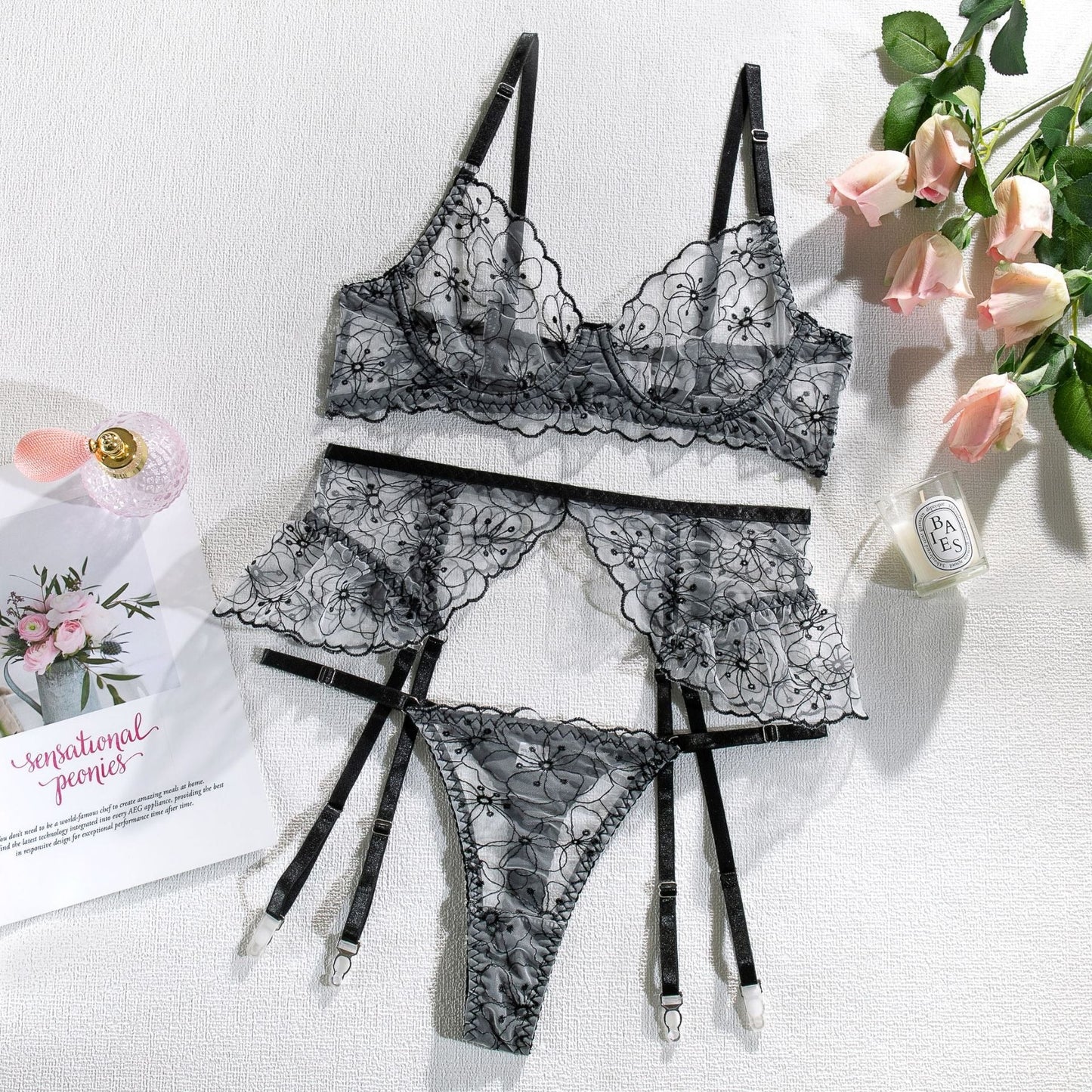 Baddie Lingerie Embroidery | Perspective Ruffles with Steel Rims Sexy Lingerie 3 - piece Set - Mighty Lifestyle