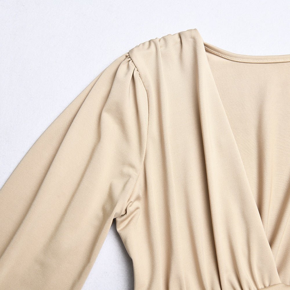 Baddie Neutral Body Suit | Women's sexy long sleeved deep V - shaped waist pleated temperament jumpsuit for women - Mighty Lifestyle