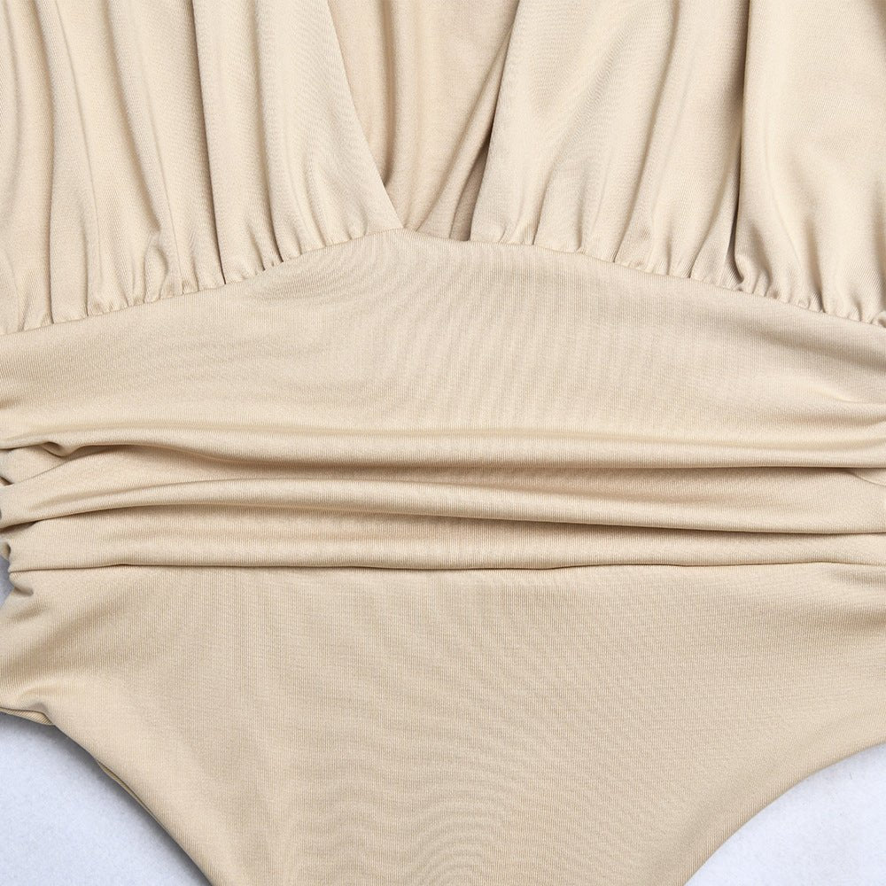 Baddie Neutral Body Suit | Women's sexy long sleeved deep V - shaped waist pleated temperament jumpsuit for women - Mighty Lifestyle