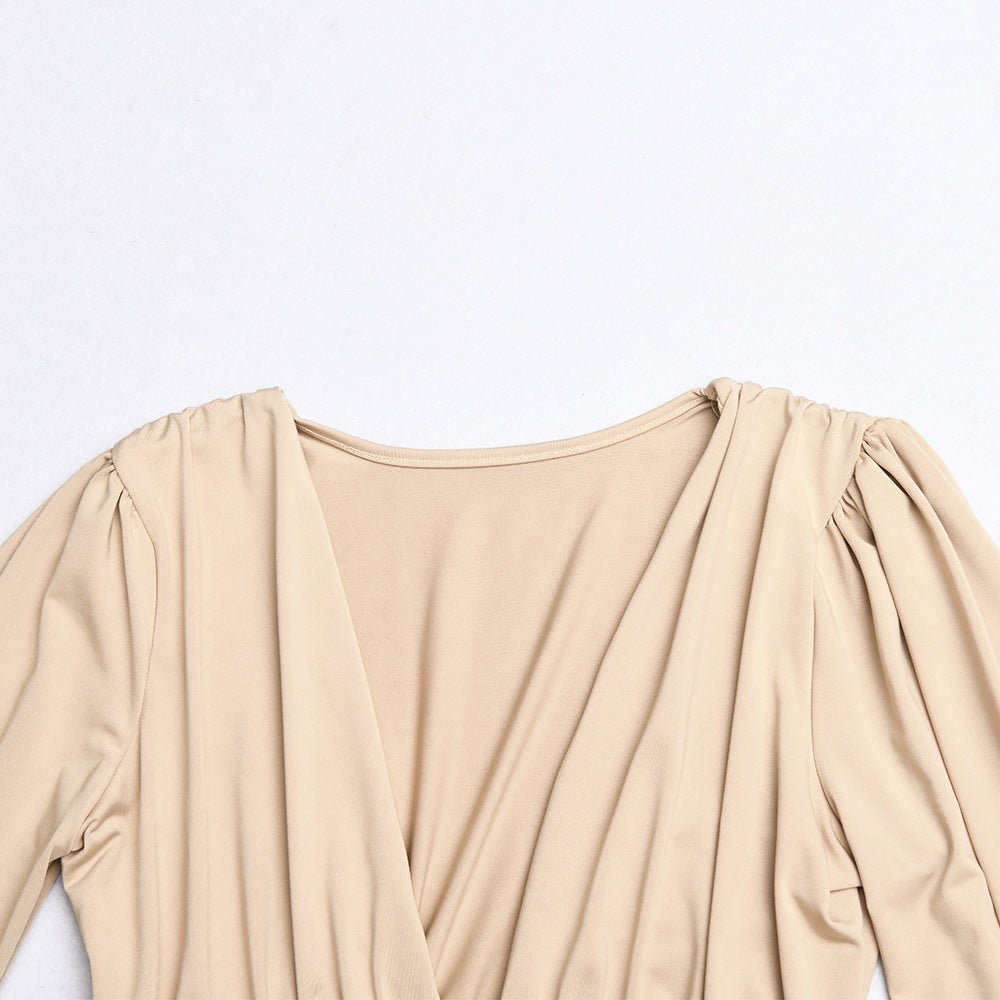 Baddie Neutral Body Suit | Women's sexy long sleeved deep V - shaped waist pleated temperament jumpsuit for women - Mighty Lifestyle