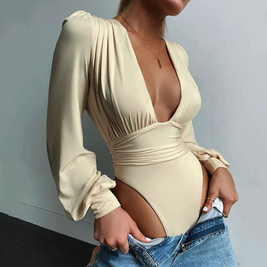 Baddie Neutral Body Suit | Women's sexy long sleeved deep V - shaped waist pleated temperament jumpsuit for women - Mighty Lifestyle