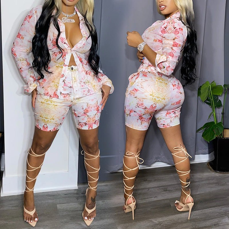 Baddie Outfit | Casual Shorts Suit Sexy Printed Shirt Two Piece Women's Clothes - Mighty Lifestyle