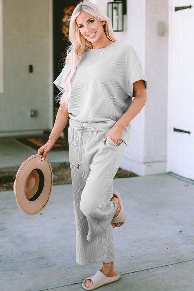 Betty Jean Outfit, Textured Top and Pants Set, Casual Two - Piece Outfit, Women’s Drawstring Top and Pants Set, Stretchy Texture Short Sleeve Set, Comfortable Textured Two - Piece Set, Solid Color Casual Outfit, Full Size Textured Set, Easy Care Two - Piece O - Mighty Lifestyle