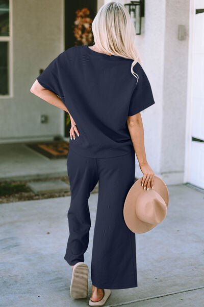Betty Jean Outfit, Textured Top and Pants Set, Casual Two - Piece Outfit, Women’s Drawstring Top and Pants Set, Stretchy Texture Short Sleeve Set, Comfortable Textured Two - Piece Set, Solid Color Casual Outfit, Full Size Textured Set, Easy Care Two - Piece O - Mighty Lifestyle
