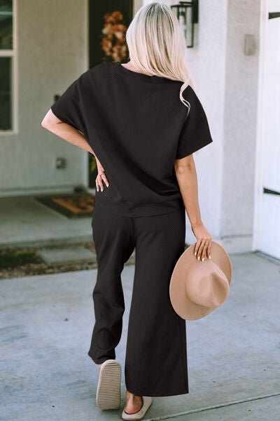 Betty Jean Outfit, Textured Top and Pants Set, Casual Two - Piece Outfit, Women’s Drawstring Top and Pants Set, Stretchy Texture Short Sleeve Set, Comfortable Textured Two - Piece Set, Solid Color Casual Outfit, Full Size Textured Set, Easy Care Two - Piece O - Mighty Lifestyle
