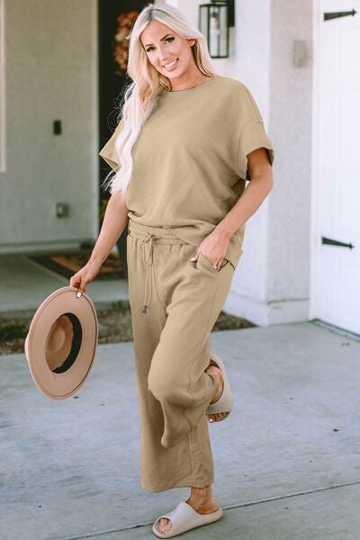 Betty Jean Outfit, Textured Top and Pants Set, Casual Two - Piece Outfit, Women’s Drawstring Top and Pants Set, Stretchy Texture Short Sleeve Set, Comfortable Textured Two - Piece Set, Solid Color Casual Outfit, Full Size Textured Set, Easy Care Two - Piece O - Mighty Lifestyle