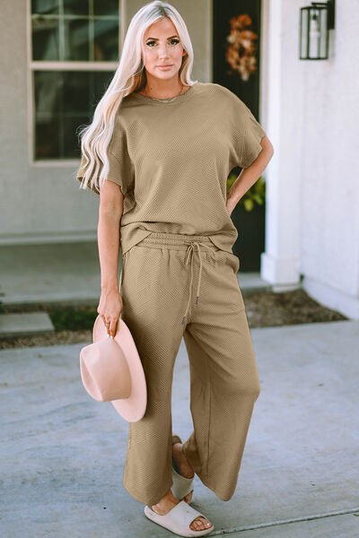 Betty Jean Outfit, Textured Top and Pants Set, Casual Two - Piece Outfit, Women’s Drawstring Top and Pants Set, Stretchy Texture Short Sleeve Set, Comfortable Textured Two - Piece Set, Solid Color Casual Outfit, Full Size Textured Set, Easy Care Two - Piece O - Mighty Lifestyle