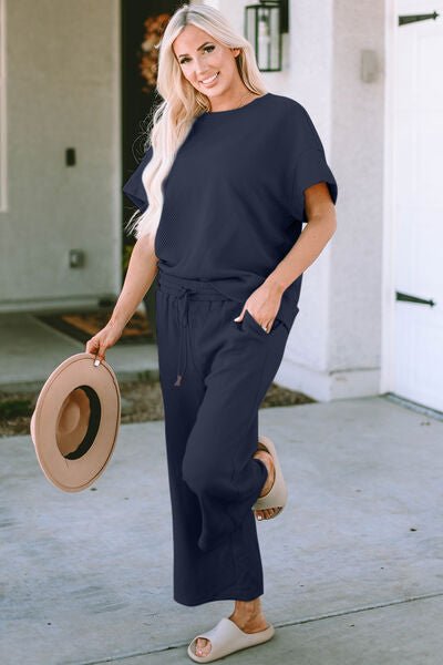 Betty Jean Outfit, Textured Top and Pants Set, Casual Two - Piece Outfit, Women’s Drawstring Top and Pants Set, Stretchy Texture Short Sleeve Set, Comfortable Textured Two - Piece Set, Solid Color Casual Outfit, Full Size Textured Set, Easy Care Two - Piece O - Mighty Lifestyle