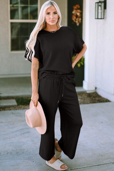 Betty Jean Outfit, Textured Top and Pants Set, Casual Two - Piece Outfit, Women’s Drawstring Top and Pants Set, Stretchy Texture Short Sleeve Set, Comfortable Textured Two - Piece Set, Solid Color Casual Outfit, Full Size Textured Set, Easy Care Two - Piece O - Mighty Lifestyle