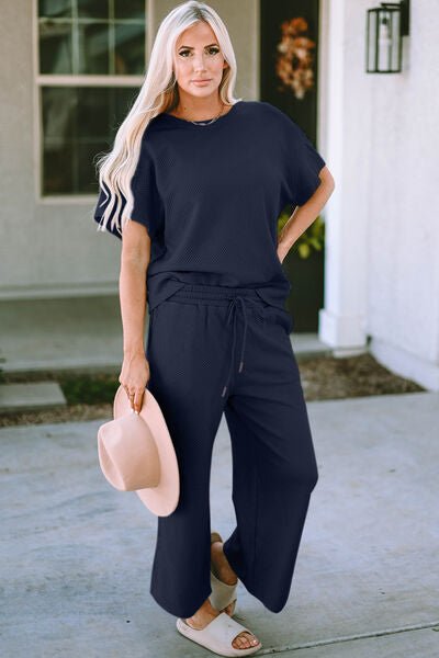 Betty Jean Outfit, Textured Top and Pants Set, Casual Two - Piece Outfit, Women’s Drawstring Top and Pants Set, Stretchy Texture Short Sleeve Set, Comfortable Textured Two - Piece Set, Solid Color Casual Outfit, Full Size Textured Set, Easy Care Two - Piece O - Mighty Lifestyle