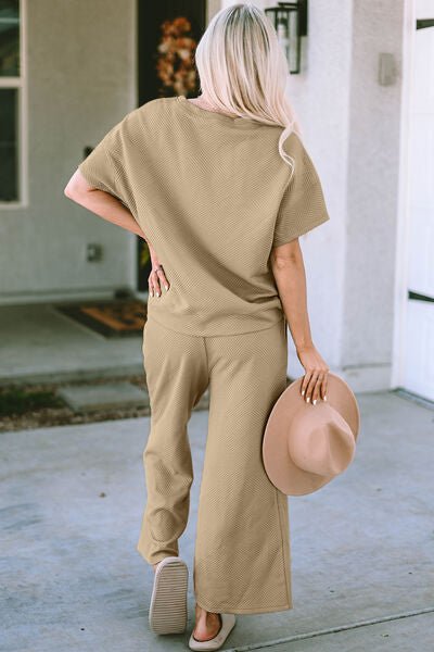 Betty Jean Outfit, Textured Top and Pants Set, Casual Two - Piece Outfit, Women’s Drawstring Top and Pants Set, Stretchy Texture Short Sleeve Set, Comfortable Textured Two - Piece Set, Solid Color Casual Outfit, Full Size Textured Set, Easy Care Two - Piece O - Mighty Lifestyle
