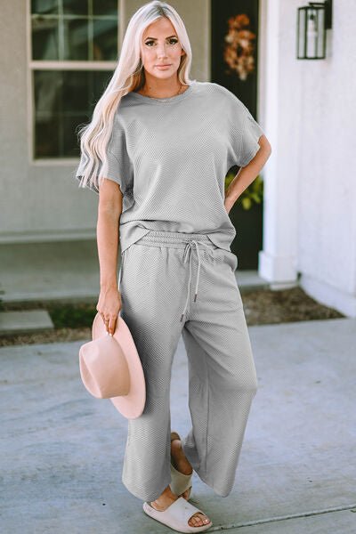 Betty Jean Outfit, Textured Top and Pants Set, Casual Two - Piece Outfit, Women’s Drawstring Top and Pants Set, Stretchy Texture Short Sleeve Set, Comfortable Textured Two - Piece Set, Solid Color Casual Outfit, Full Size Textured Set, Easy Care Two - Piece O - Mighty Lifestyle