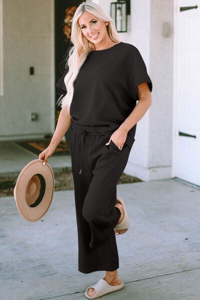 Betty Jean Outfit, Textured Top and Pants Set, Casual Two - Piece Outfit, Women’s Drawstring Top and Pants Set, Stretchy Texture Short Sleeve Set, Comfortable Textured Two - Piece Set, Solid Color Casual Outfit, Full Size Textured Set, Easy Care Two - Piece O - Mighty Lifestyle