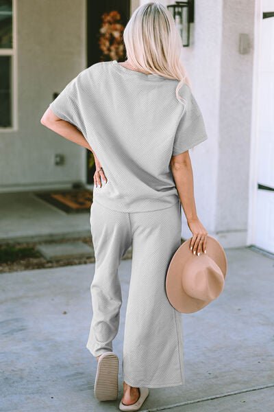 Betty Jean Outfit, Textured Top and Pants Set, Casual Two - Piece Outfit, Women’s Drawstring Top and Pants Set, Stretchy Texture Short Sleeve Set, Comfortable Textured Two - Piece Set, Solid Color Casual Outfit, Full Size Textured Set, Easy Care Two - Piece O - Mighty Lifestyle