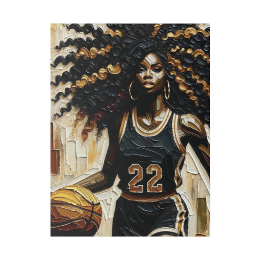 BLACK AFRO BALLER Female | Black Woman Basketball Player Oil Painting | Sports Fanatic | Black Art | Matte Canvas, Stretched, 0.75" - Mighty Lifestyle