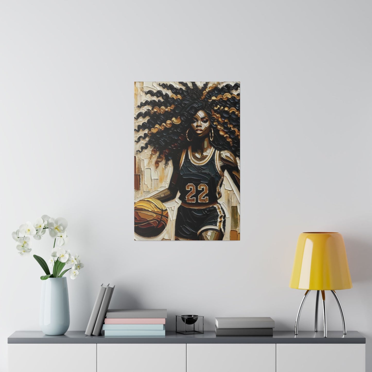 BLACK AFRO BALLER Female | Black Woman Basketball Player Oil Painting | Sports Fanatic | Black Art | Matte Canvas, Stretched, 0.75" - Mighty Lifestyle