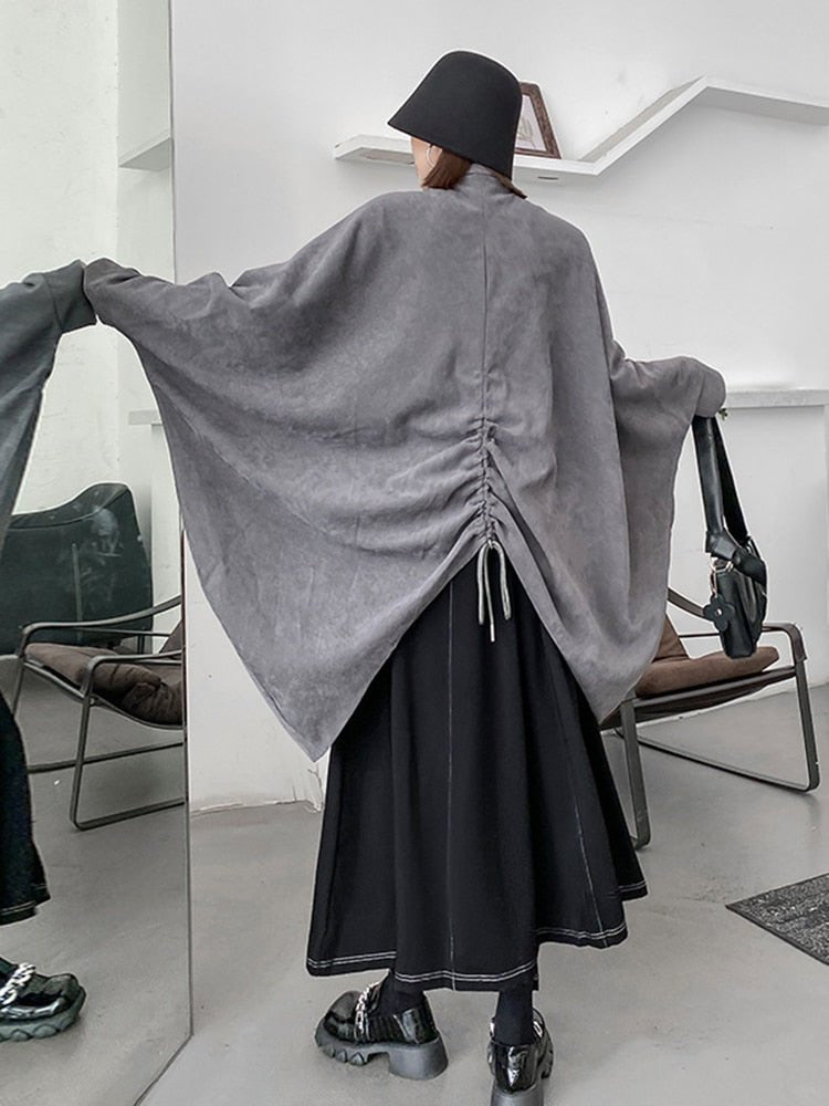 Black Drawstring Big Size Irregular Jacket New Stand Collar Batwing Sleeve Women Coat Fashion Spring Autumn - Mighty Lifestyle