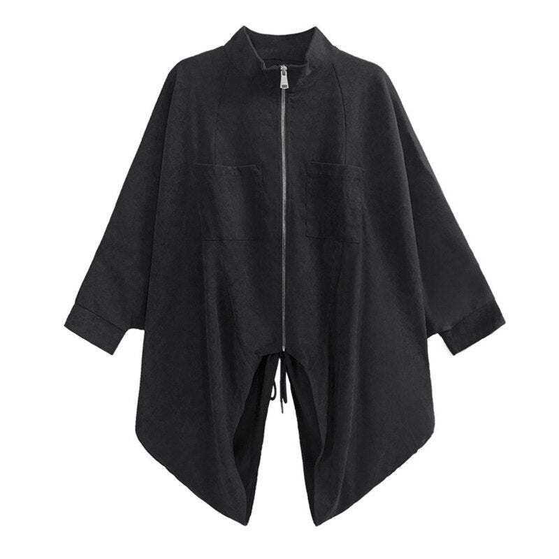 Black Drawstring Big Size Irregular Jacket New Stand Collar Batwing Sleeve Women Coat Fashion Spring Autumn - Mighty Lifestyle