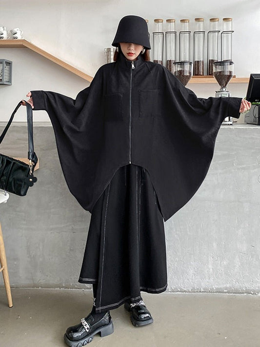 Black Drawstring Big Size Irregular Jacket New Stand Collar Batwing Sleeve Women Coat Fashion Spring Autumn - Mighty Lifestyle