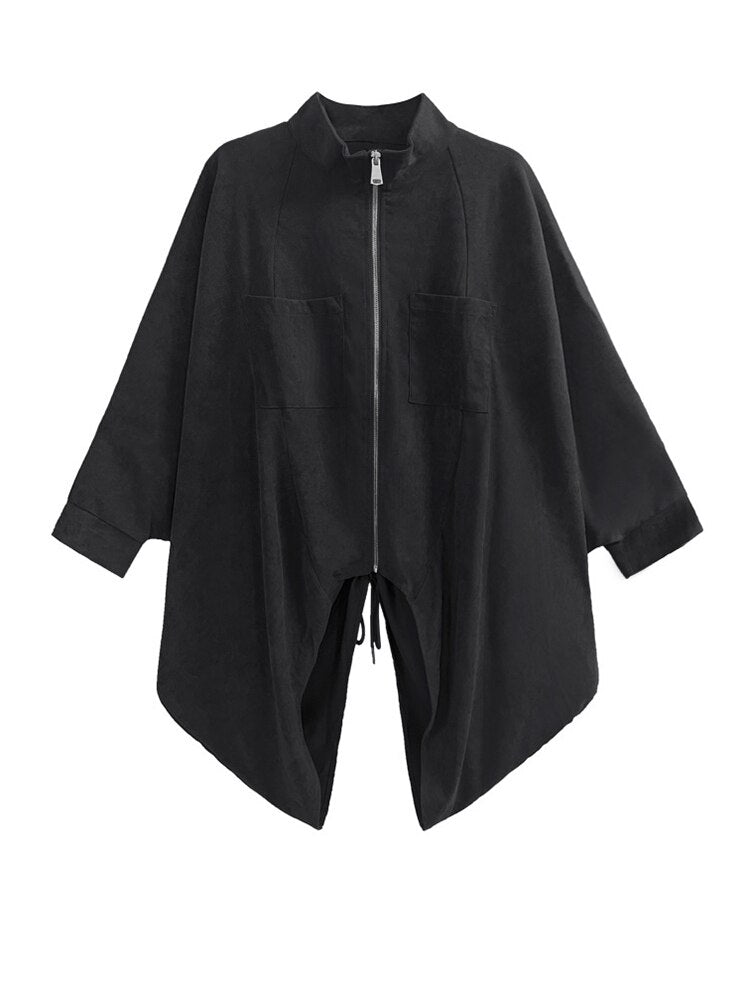 Black Drawstring Big Size Irregular Jacket New Stand Collar Batwing Sleeve Women Coat Fashion Spring Autumn - Mighty Lifestyle