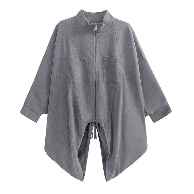 Black Drawstring Big Size Irregular Jacket New Stand Collar Batwing Sleeve Women Coat Fashion Spring Autumn - Mighty Lifestyle