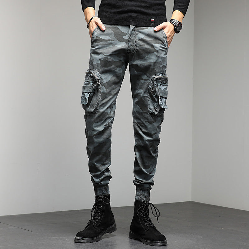Trendy men's casual pants camouflage cargo pants autumn and winter slim show high military style bunches of foot pants