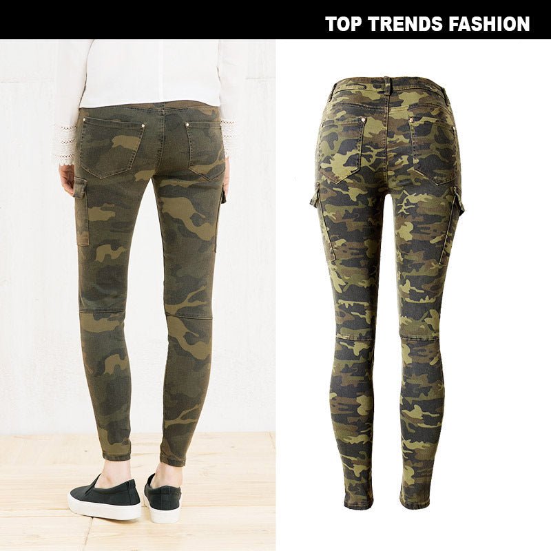 Camouflage Women's Mid Waist Stretch Slim Fit Camo Jogger Pants Side Pocket Zipper Aviator Casual Denim Pennies - Mighty Lifestyle