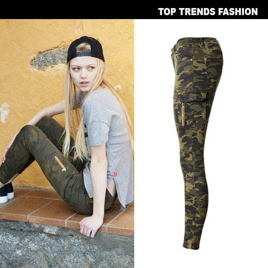 Camouflage Women's Mid Waist Stretch Slim Fit Camo Jogger Pants Side Pocket Zipper Aviator Casual Denim Pennies - Mighty Lifestyle