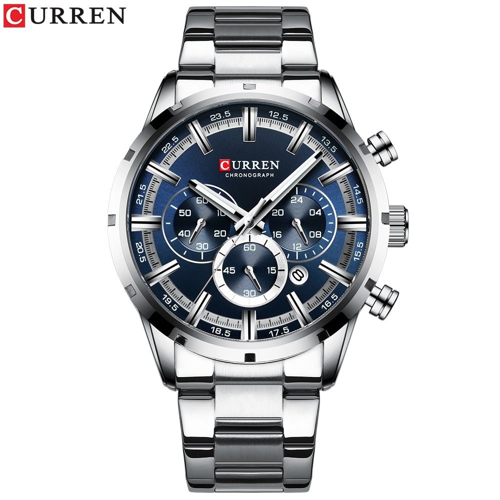 CURREN WATCH } New Fashion Watches with Stainless Steel Top Brand Luxury Sports Chronograph Quartz Watch Men Relogio Masculino - Mighty Lifestyle