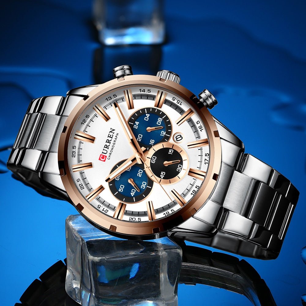 CURREN WATCH } New Fashion Watches with Stainless Steel Top Brand Luxury Sports Chronograph Quartz Watch Men Relogio Masculino - Mighty Lifestyle