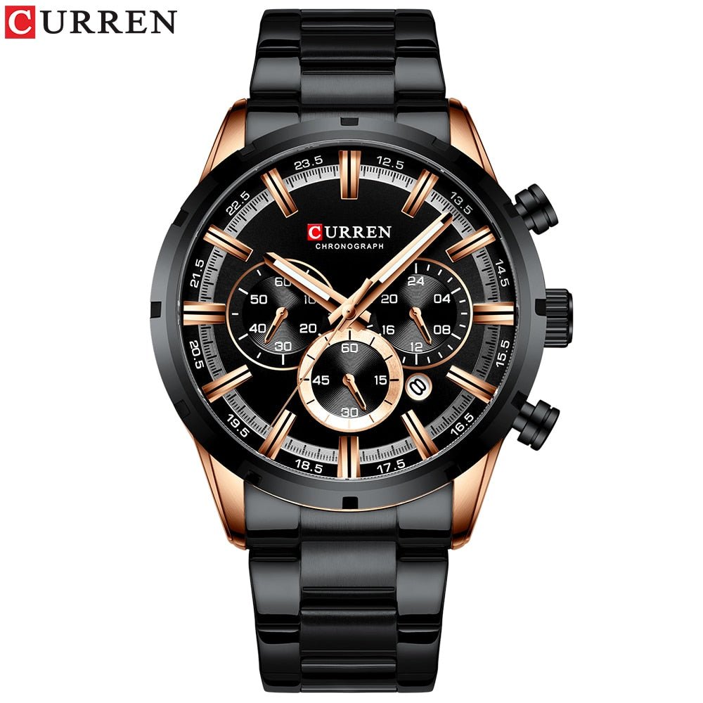 CURREN WATCH } New Fashion Watches with Stainless Steel Top Brand Luxury Sports Chronograph Quartz Watch Men Relogio Masculino - Mighty Lifestyle